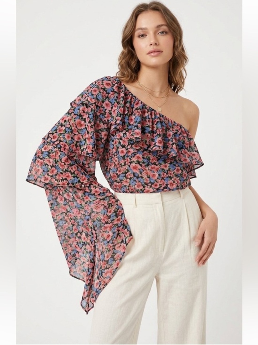 Floral Print One Shoulder Ruffle Flowy Bohemian Top Size Extra Small